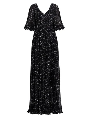 Polka Dot Pleated Chiffon Gown