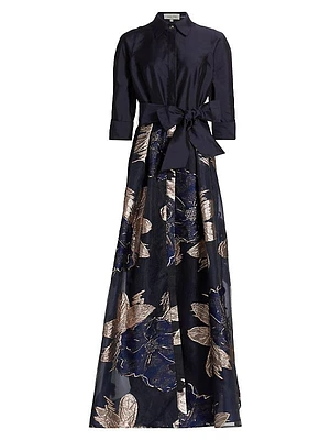 Burnout Floral Taffeta Shirtwaist Gown