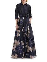 Burnout Floral Taffeta Shirtwaist Gown