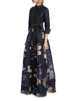 Burnout Floral Taffeta Shirtwaist Gown