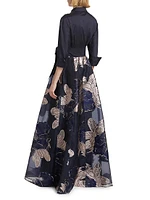 Burnout Floral Taffeta Shirtwaist Gown