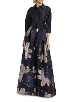 Burnout Floral Taffeta Shirtwaist Gown