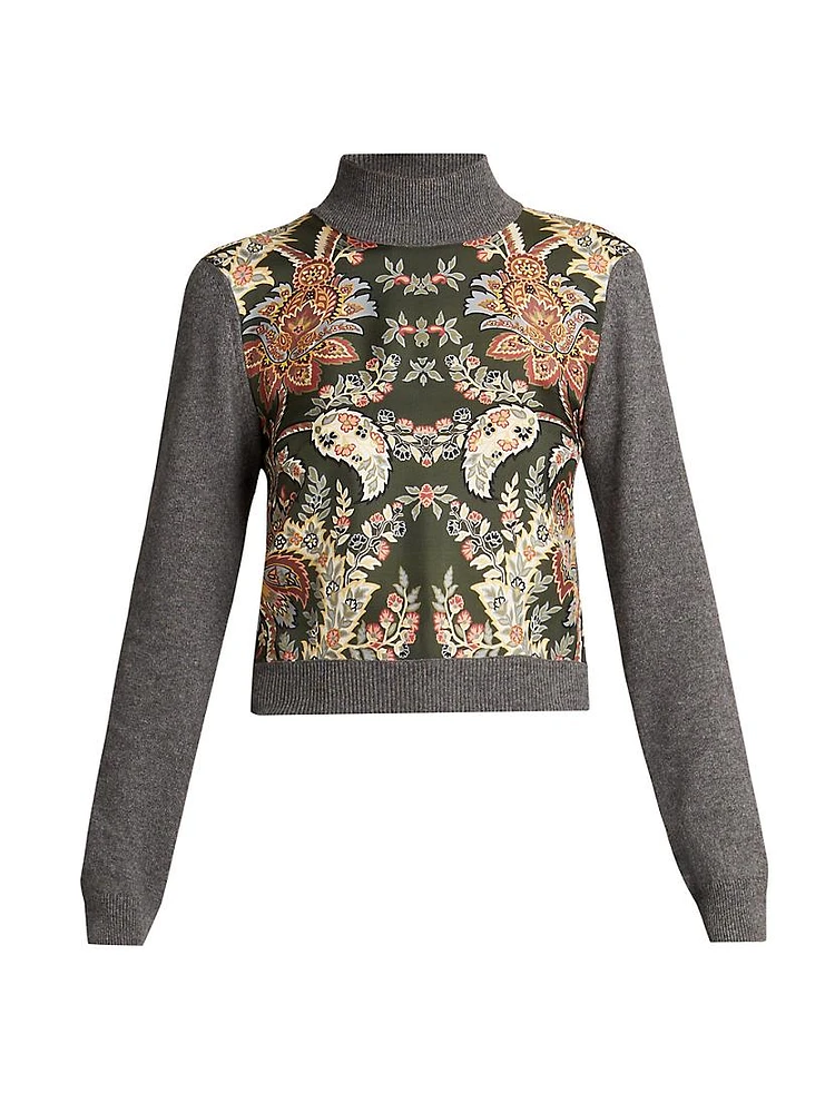 Wool-Cashmere Silk-Front Crop Sweater