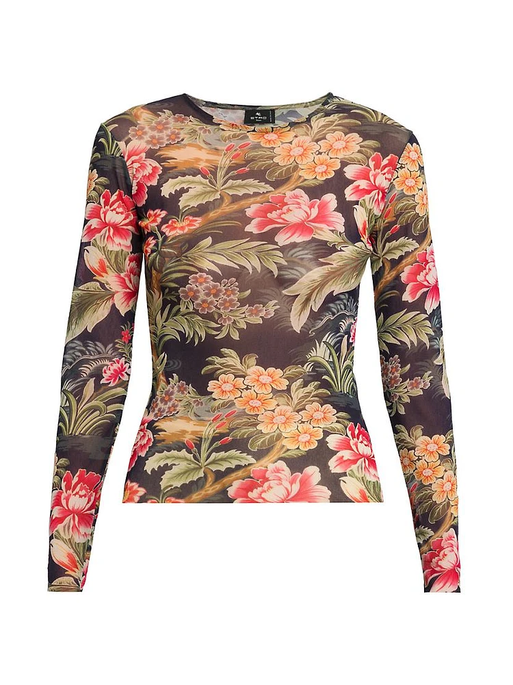 Floral Mesh Long-Sleeve Top