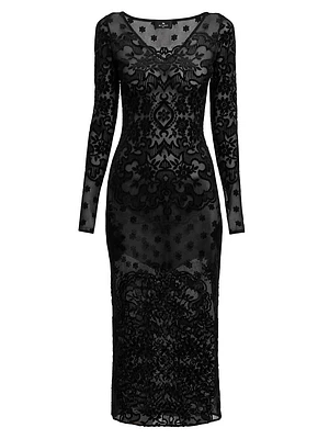Floral Velvet Mesh Midi-Dress