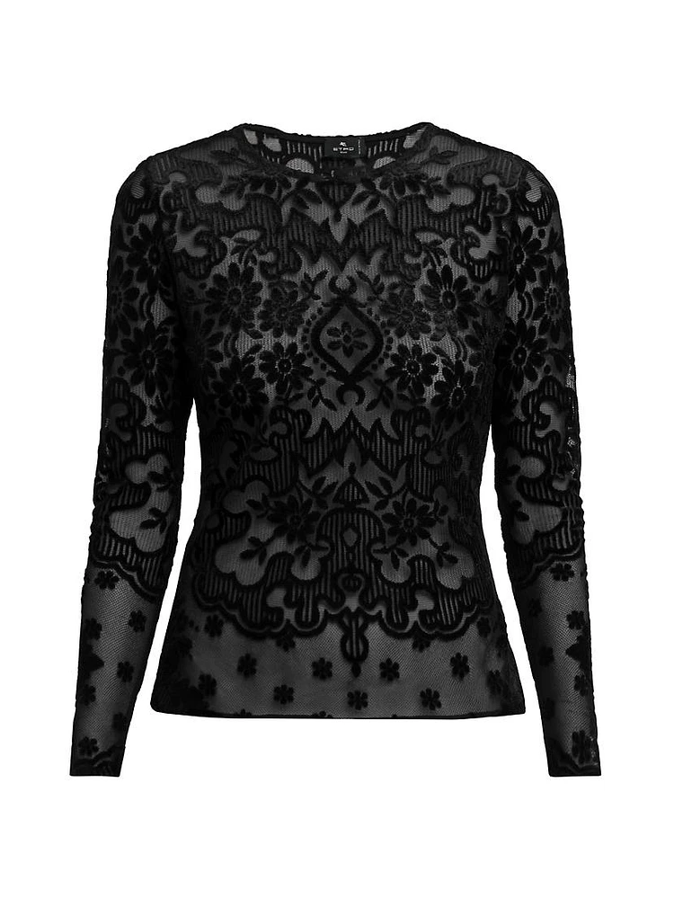 Floral Velvet Mesh Long-Sleeve Top