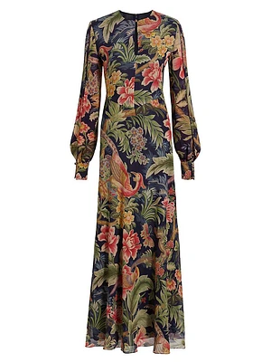 Floral Silk Blouson-Sleeve Maxi Dress