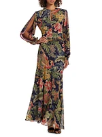 Floral Silk Blouson-Sleeve Maxi Dress