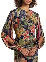 Floral Silk Blouson-Sleeve Maxi Dress