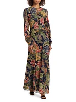 Floral Silk Blouson-Sleeve Maxi Dress