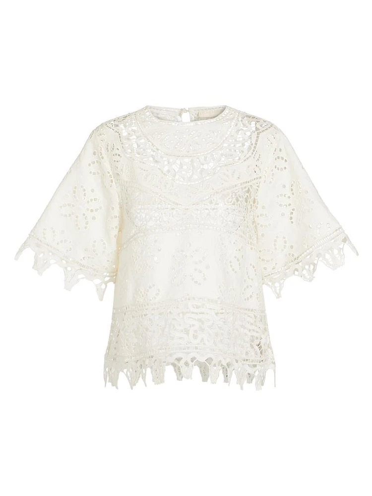 Aria Patchwork Linen & Eyelet Lace Blouse