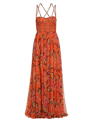 Ines Watercolor & Floral Silk Chiffon Maxi Dress