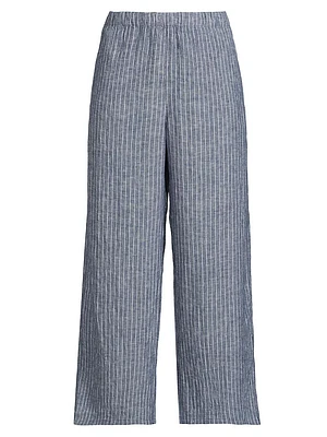 Striped Linen Elasticized Wide-Leg Pants