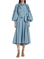 Cotton Balloon-Sleeve Midi Shirtdress