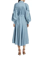 Cotton Balloon-Sleeve Midi Shirtdress