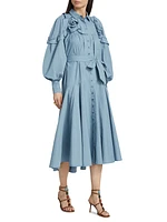 Cotton Balloon-Sleeve Midi Shirtdress