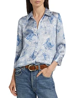 Dani Denim-Print Silk Blouse