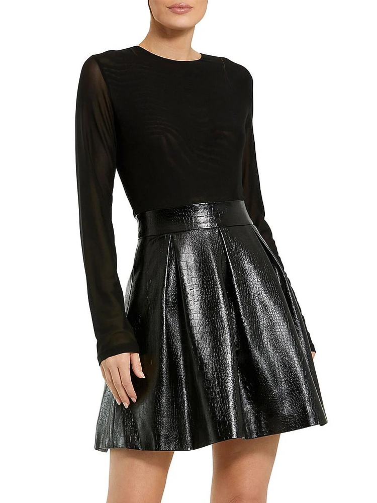 Mesh & Faux Leather A-Line Minidress