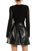 Mesh & Faux Leather A-Line Minidress