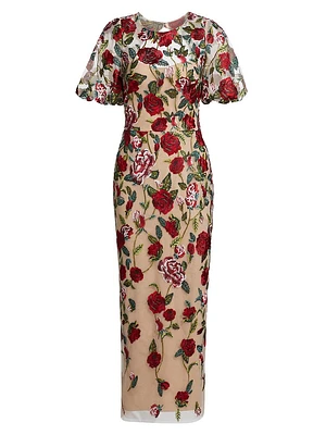 Floral Embroidered Puff-Sleeve Midi-Dress