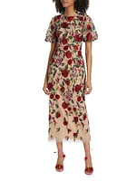 Floral Embroidered Puff-Sleeve Midi-Dress