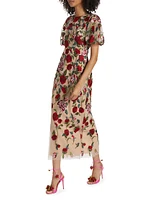 Floral Embroidered Puff-Sleeve Midi-Dress