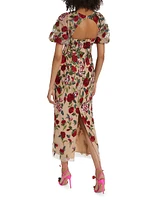 Floral Embroidered Puff-Sleeve Midi-Dress