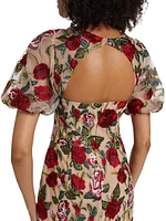 Floral Embroidered Puff-Sleeve Midi-Dress