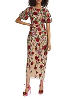 Floral Embroidered Puff-Sleeve Midi-Dress