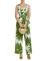 Palm Fan Linen Wide-Leg Jumpsuit