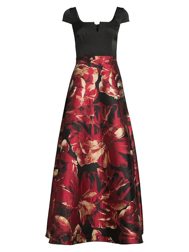 Floral Satin Short-Sleeve Gown