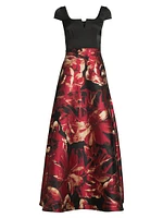 Floral Satin Short-Sleeve Gown