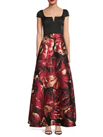 Floral Satin Short-Sleeve Gown