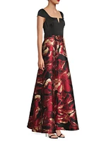 Floral Satin Short-Sleeve Gown