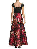 Floral Satin Short-Sleeve Gown