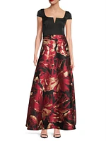 Floral Satin Short-Sleeve Gown