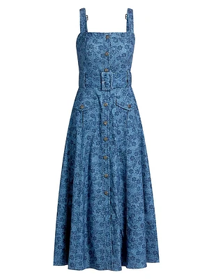 Vega Floral Denim Fit-N-Flare Midi-Dress