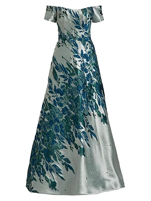 Border Jacquard Off-The-Shoulder Gown