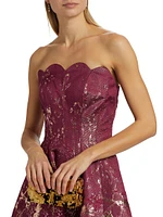 Scalloped Brocade Strapless Cocktail Dress