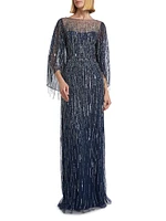 Rhapsody Beaded Cape-Sleeve Gown