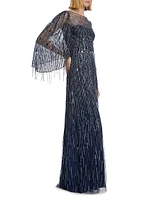 Rhapsody Beaded Cape-Sleeve Gown