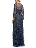 Rhapsody Beaded Cape-Sleeve Gown