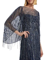 Rhapsody Beaded Cape-Sleeve Gown