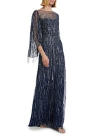 Rhapsody Beaded Cape-Sleeve Gown