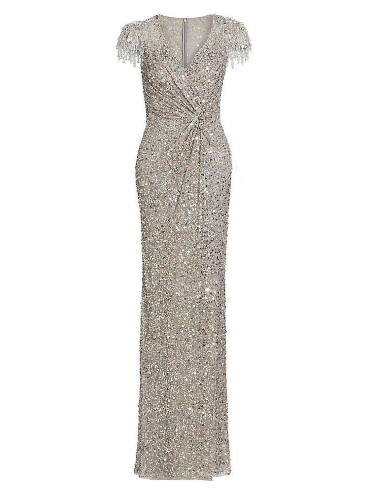 Wonderful Beaded Wrap Column Gown