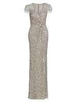 Wonderful Beaded Wrap Column Gown