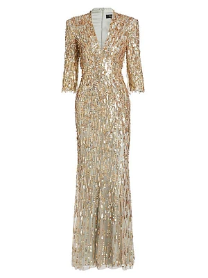 Oscar Sequined V-neck Sheath Gown