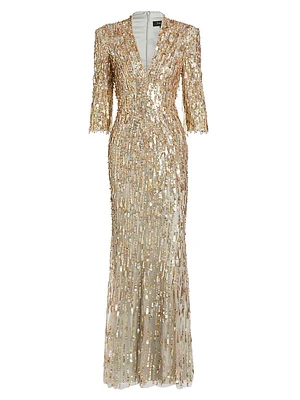 Oscar Sequined V-neck Sheath Gown