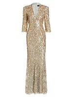 Oscar Sequined V-neck Sheath Gown