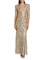 Oscar Sequined V-neck Sheath Gown